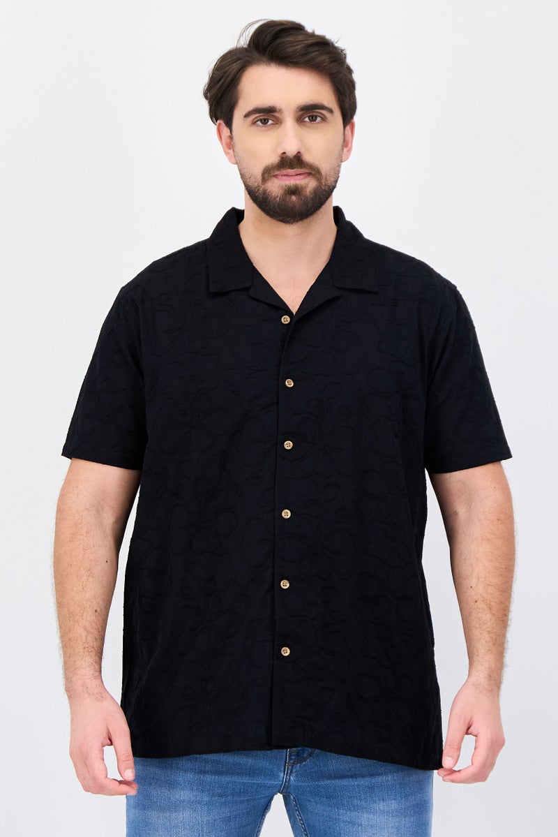 Threadbare Men Regular Fit Short Sleeve Embroidered Casual Shirt, Black - Image 1